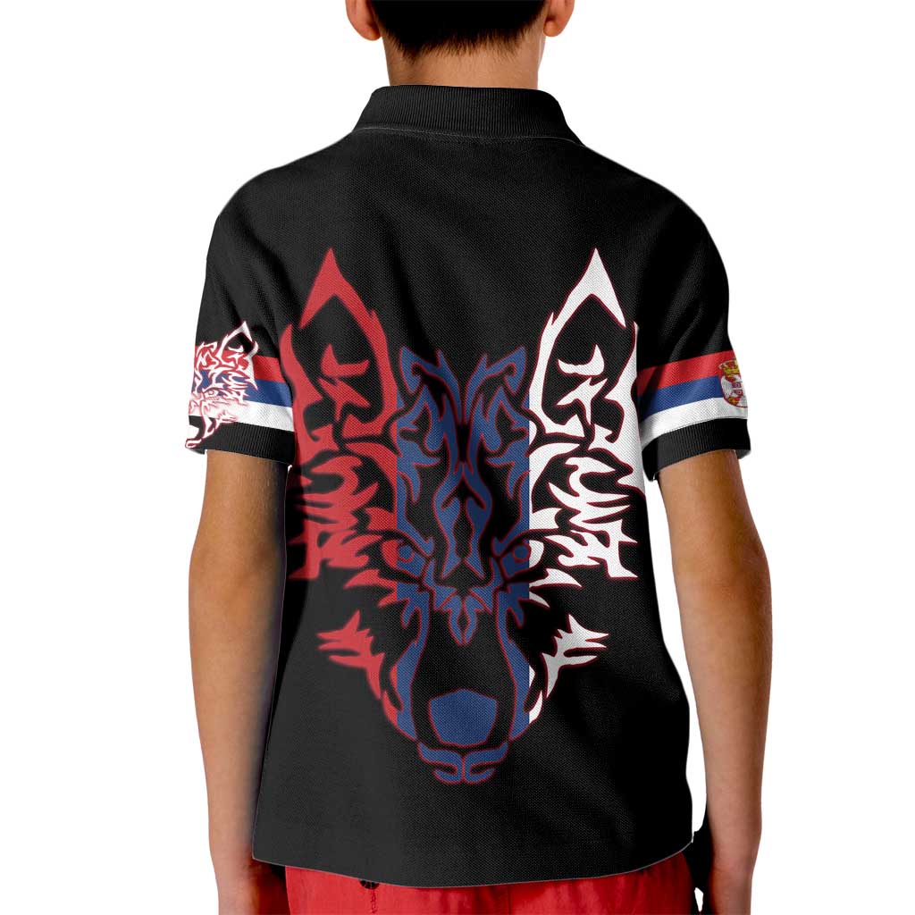 Serbia Kid Polo Shirt with Wolf Head Graphic, Howling Wolf, and National Flag Stripes