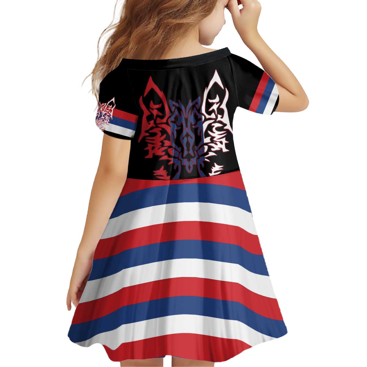 Serbia Kid Short Sleeve Dress with Wolf Head Graphic, Howling Wolf, and National Flag Stripes