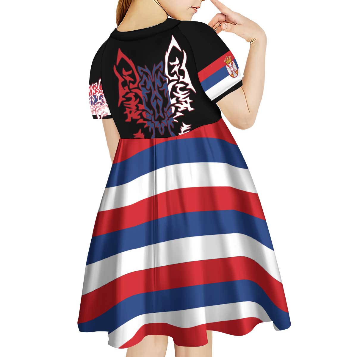 Serbia Kid Short Sleeve Dress with Wolf Head Graphic, Howling Wolf, and National Flag Stripes