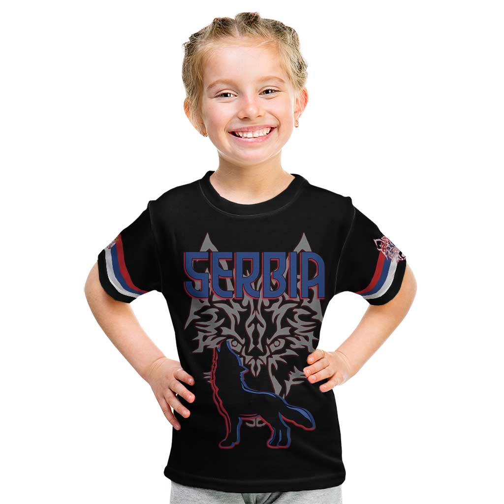 Serbia Kid T Shirt with Wolf Head Graphic, Howling Wolf, and National Flag Stripes