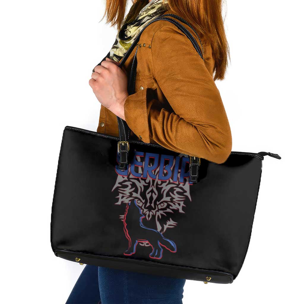 Serbia Leather Tote Bag with Wolf Head Graphic, Howling Wolf, and National Flag Stripes