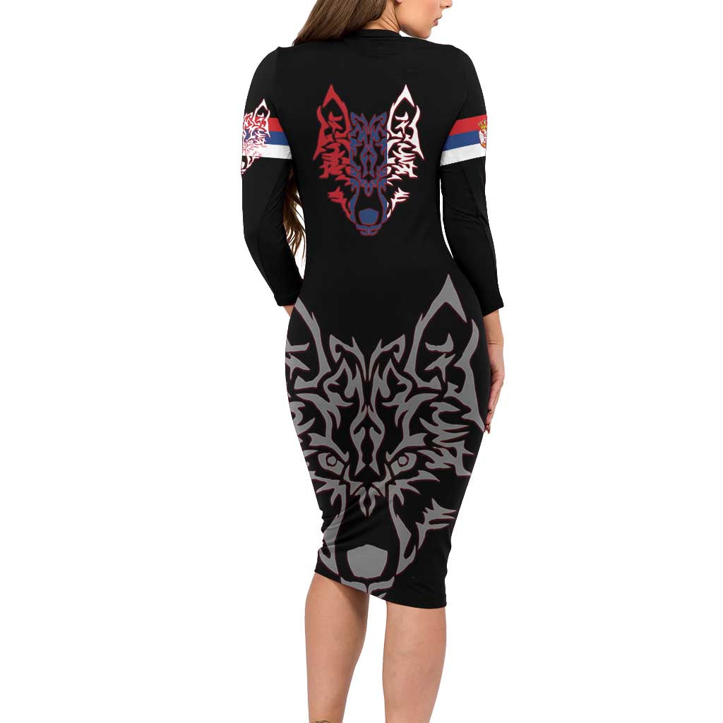 Serbia Long Sleeve Bodycon Dress with Wolf Head Graphic, Howling Wolf, and National Flag Stripes