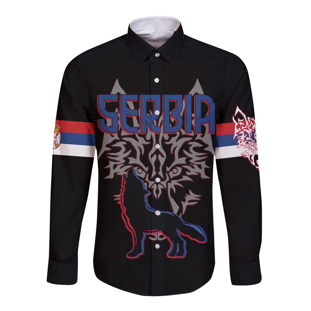 Serbia Long Sleeve Button Shirt with Wolf Head Graphic, Howling Wolf, and National Flag Stripes