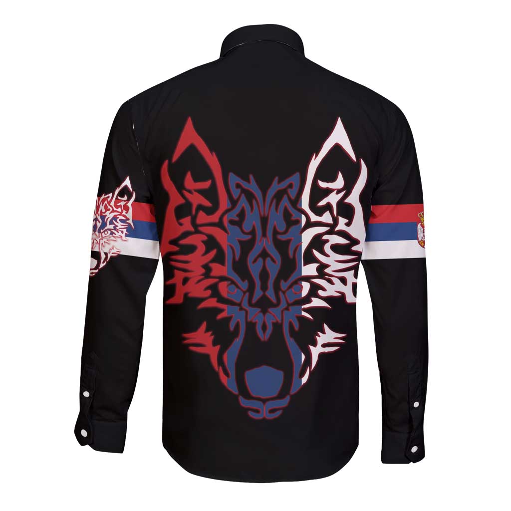 Serbia Long Sleeve Button Shirt with Wolf Head Graphic, Howling Wolf, and National Flag Stripes