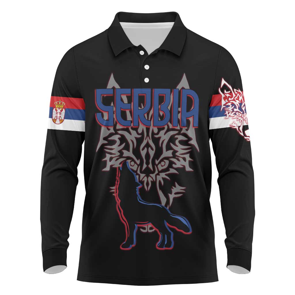 Serbia Long Sleeve Polo Shirt with Wolf Head Graphic, Howling Wolf, and National Flag Stripes