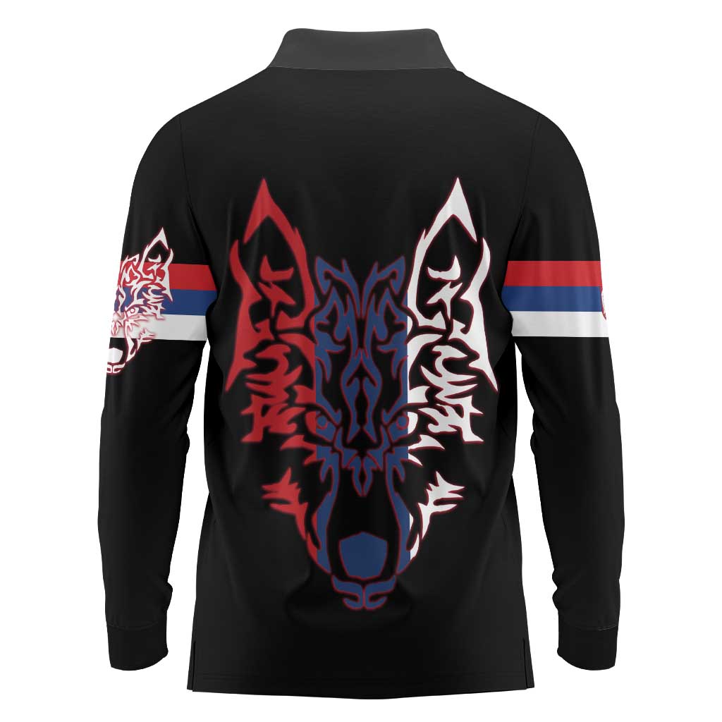 Serbia Long Sleeve Polo Shirt with Wolf Head Graphic, Howling Wolf, and National Flag Stripes
