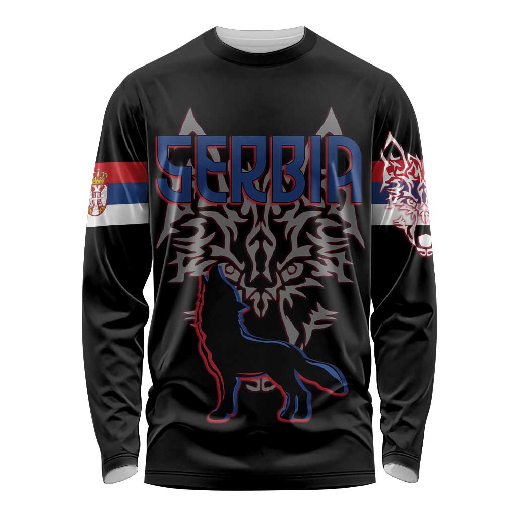 Serbia Long Sleeve Shirt with Wolf Head Graphic, Howling Wolf, and National Flag Stripes