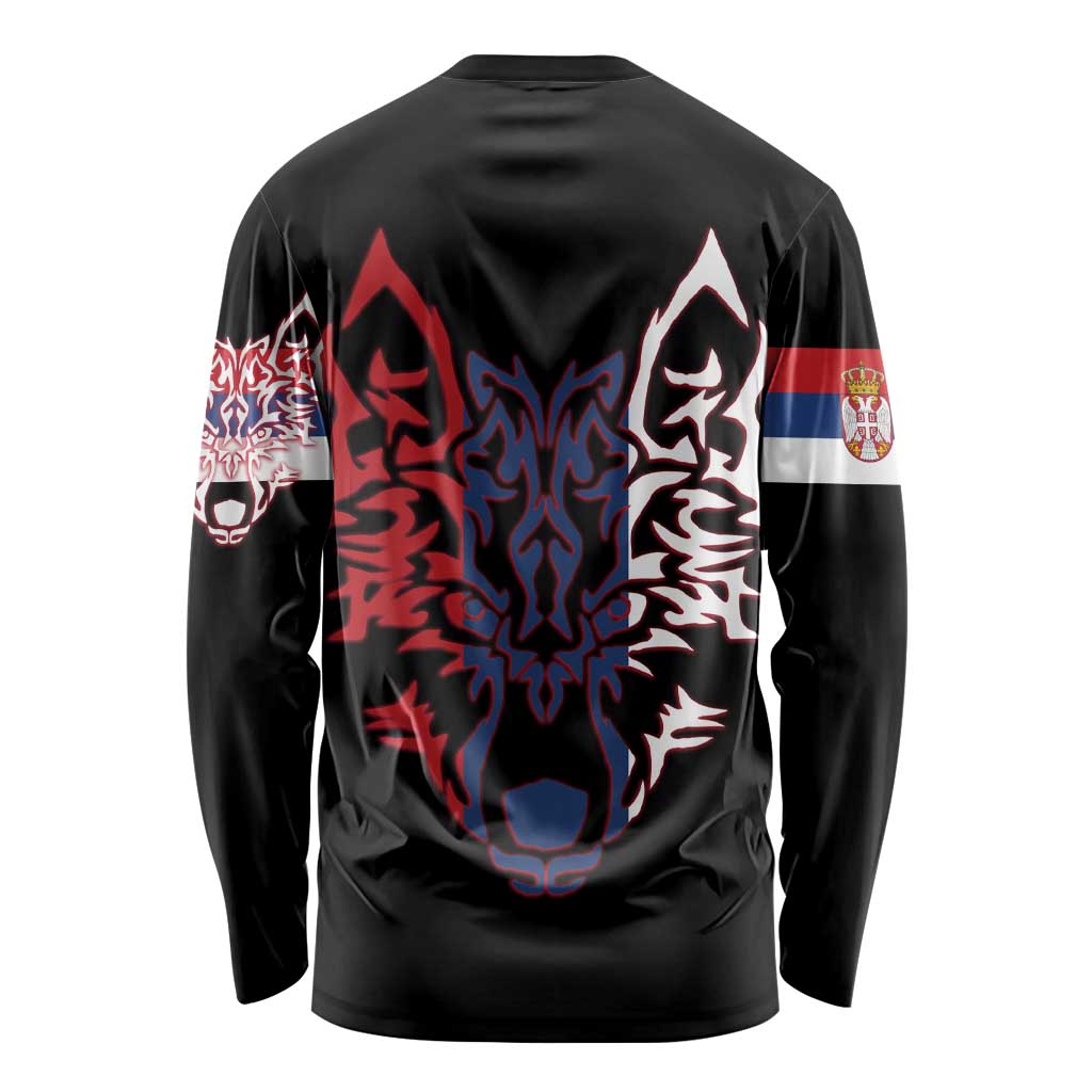 Serbia Long Sleeve Shirt with Wolf Head Graphic, Howling Wolf, and National Flag Stripes