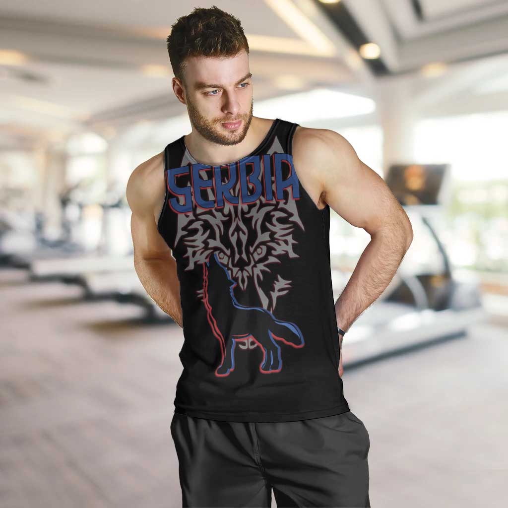 Serbia Men Tank Top with Wolf Head Graphic, Howling Wolf, and National Flag Stripes