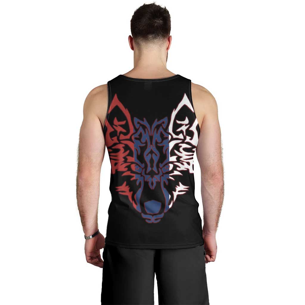 Serbia Men Tank Top with Wolf Head Graphic, Howling Wolf, and National Flag Stripes