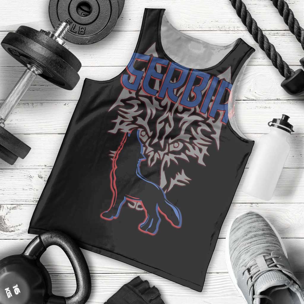 Serbia Men Tank Top with Wolf Head Graphic, Howling Wolf, and National Flag Stripes