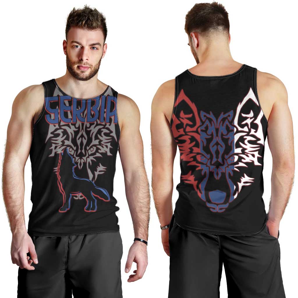 Serbia Men Tank Top with Wolf Head Graphic, Howling Wolf, and National Flag Stripes