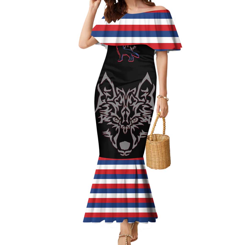 Serbia Mermaid Dress with Wolf Head Graphic, Howling Wolf, and National Flag Stripes