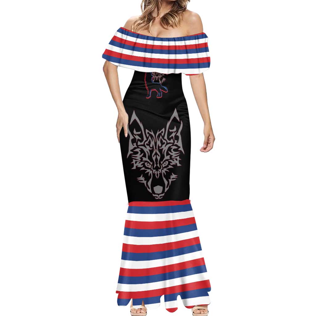 Serbia Mermaid Dress with Wolf Head Graphic, Howling Wolf, and National Flag Stripes