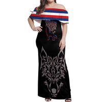 Serbia Off Shoulder Maxi Dress with Wolf Head Graphic, Howling Wolf, and National Flag Stripes