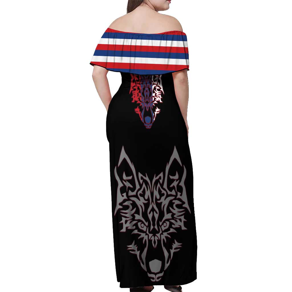 Serbia Off Shoulder Maxi Dress with Wolf Head Graphic, Howling Wolf, and National Flag Stripes