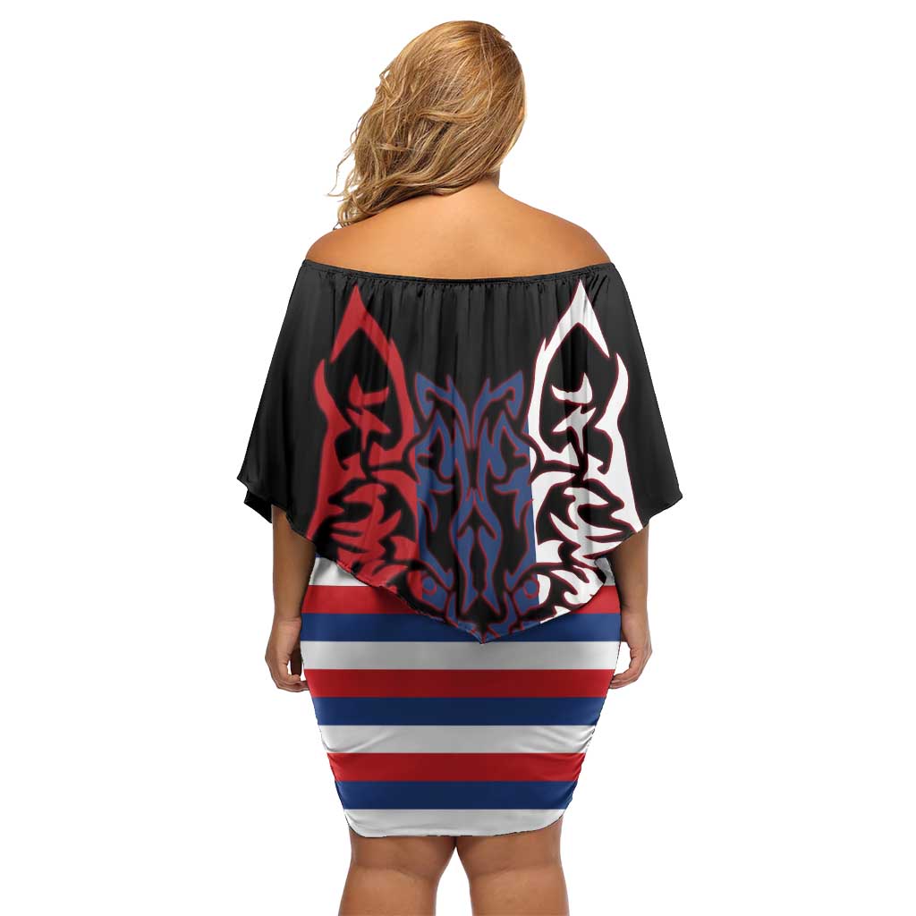 Serbia Off Shoulder Short Dress with Wolf Head Graphic, Howling Wolf, and National Flag Stripes