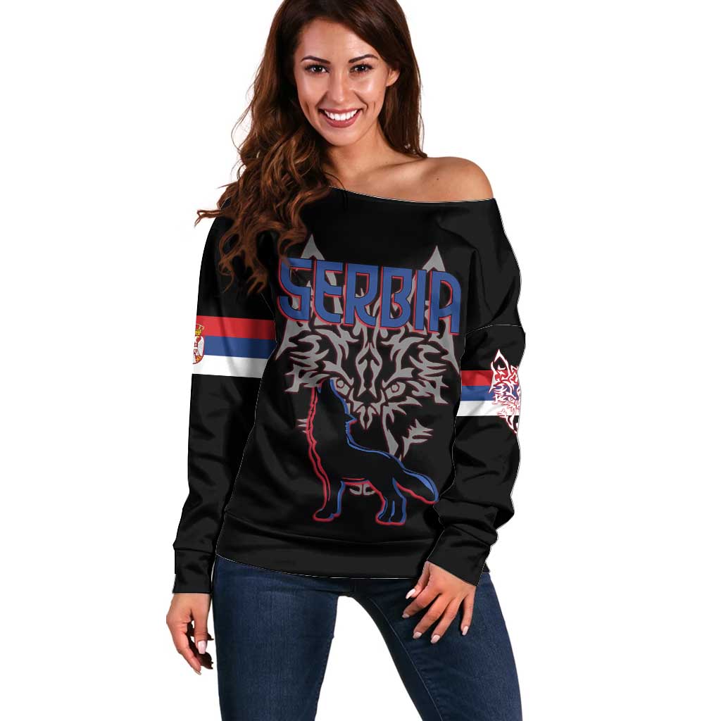 Serbia Off Shoulder Sweater with Wolf Head Graphic, Howling Wolf, and National Flag Stripes