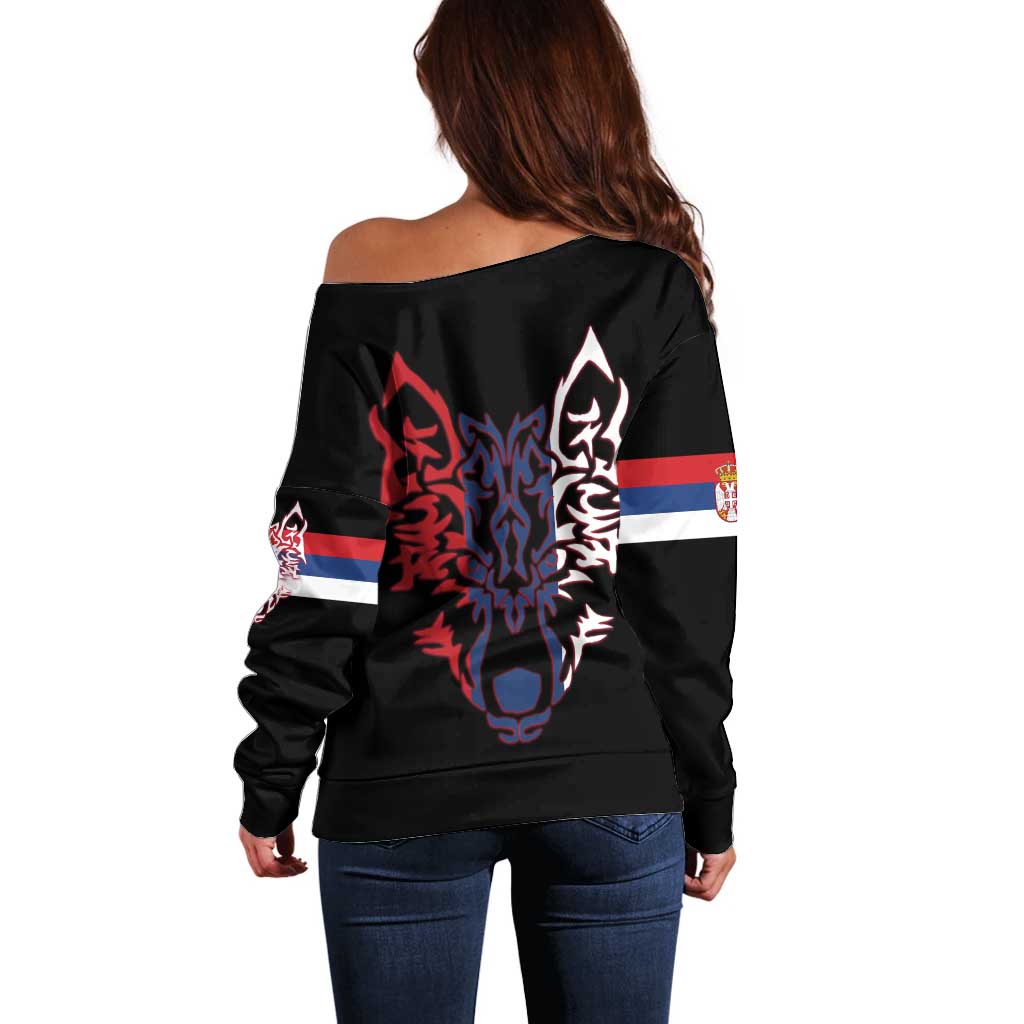 Serbia Off Shoulder Sweater with Wolf Head Graphic, Howling Wolf, and National Flag Stripes