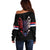 Serbia Off Shoulder Sweater with Wolf Head Graphic, Howling Wolf, and National Flag Stripes