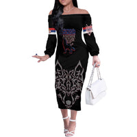 Serbia Off The Shoulder Long Sleeve Dress with Wolf Head Graphic, Howling Wolf, and National Flag Stripes