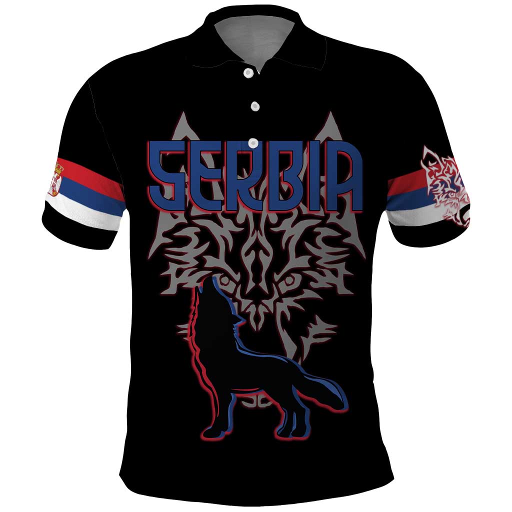 Serbia Polo Shirt with Wolf Head Graphic, Howling Wolf, and National Flag Stripes