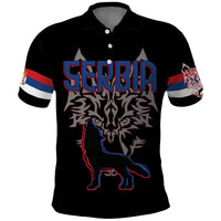 Serbia Polo Shirt with Wolf Head Graphic, Howling Wolf, and National Flag Stripes