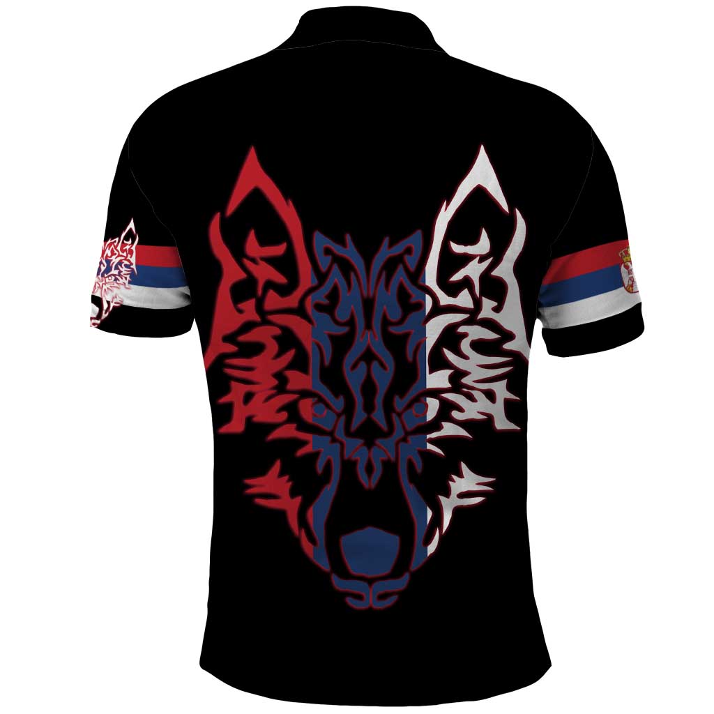 Serbia Polo Shirt with Wolf Head Graphic, Howling Wolf, and National Flag Stripes
