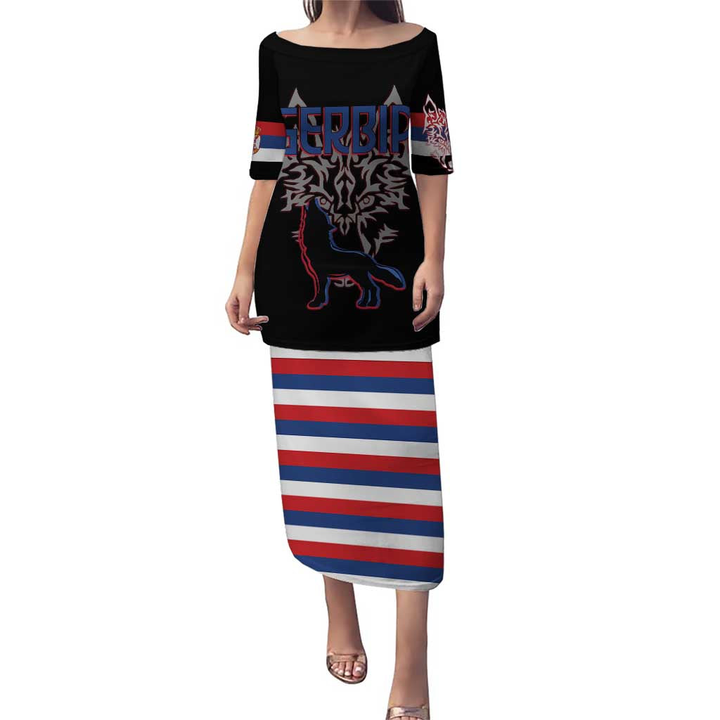 Serbia Puletasi with Wolf Head Graphic, Howling Wolf, and National Flag Stripes