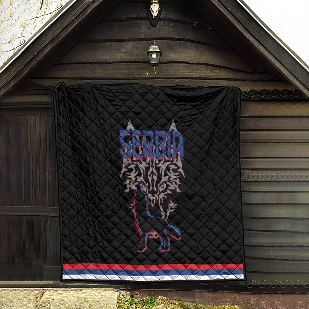 Serbia Quilt with Wolf Head Graphic, Howling Wolf, and National Flag Stripes