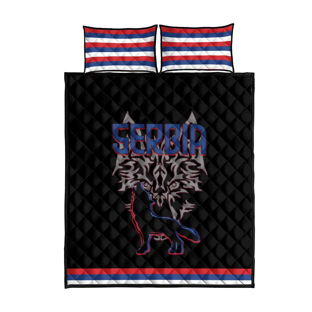 Serbia Quilt Bed Set with Wolf Head Graphic, Howling Wolf, and National Flag Stripes