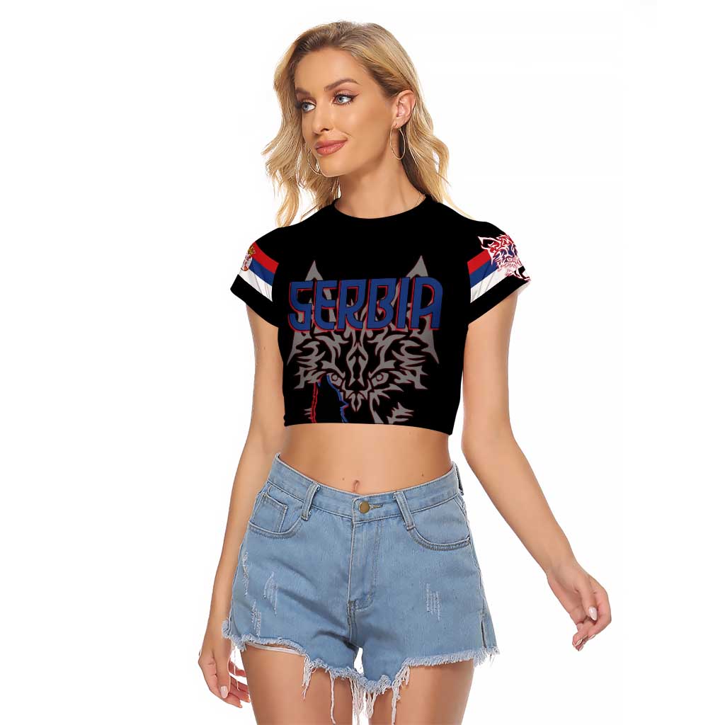 Serbia Raglan Cropped T Shirt with Wolf Head Graphic, Howling Wolf, and National Flag Stripes