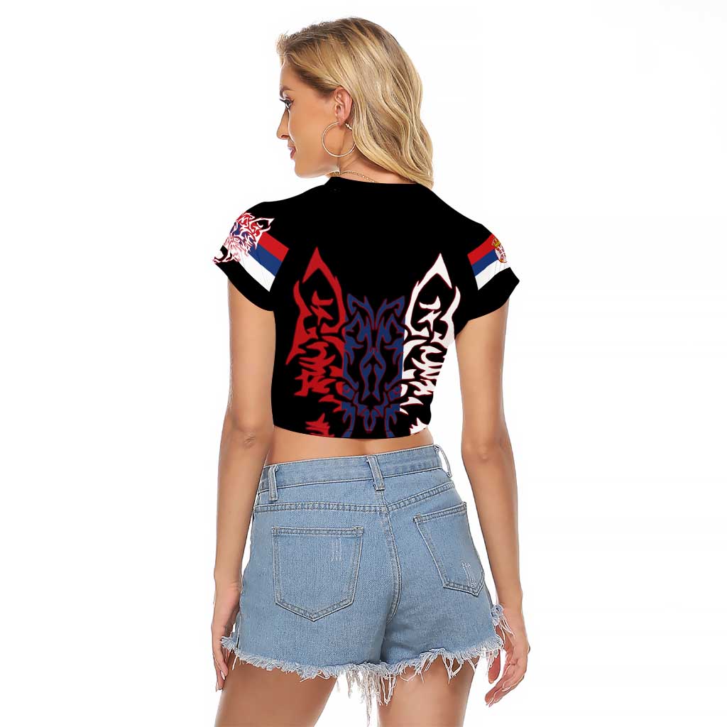 Serbia Raglan Cropped T Shirt with Wolf Head Graphic, Howling Wolf, and National Flag Stripes