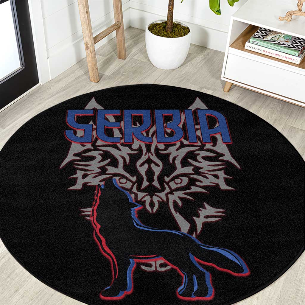 Serbia Round Carpet with Wolf Head Graphic, Howling Wolf, and National Flag Stripes