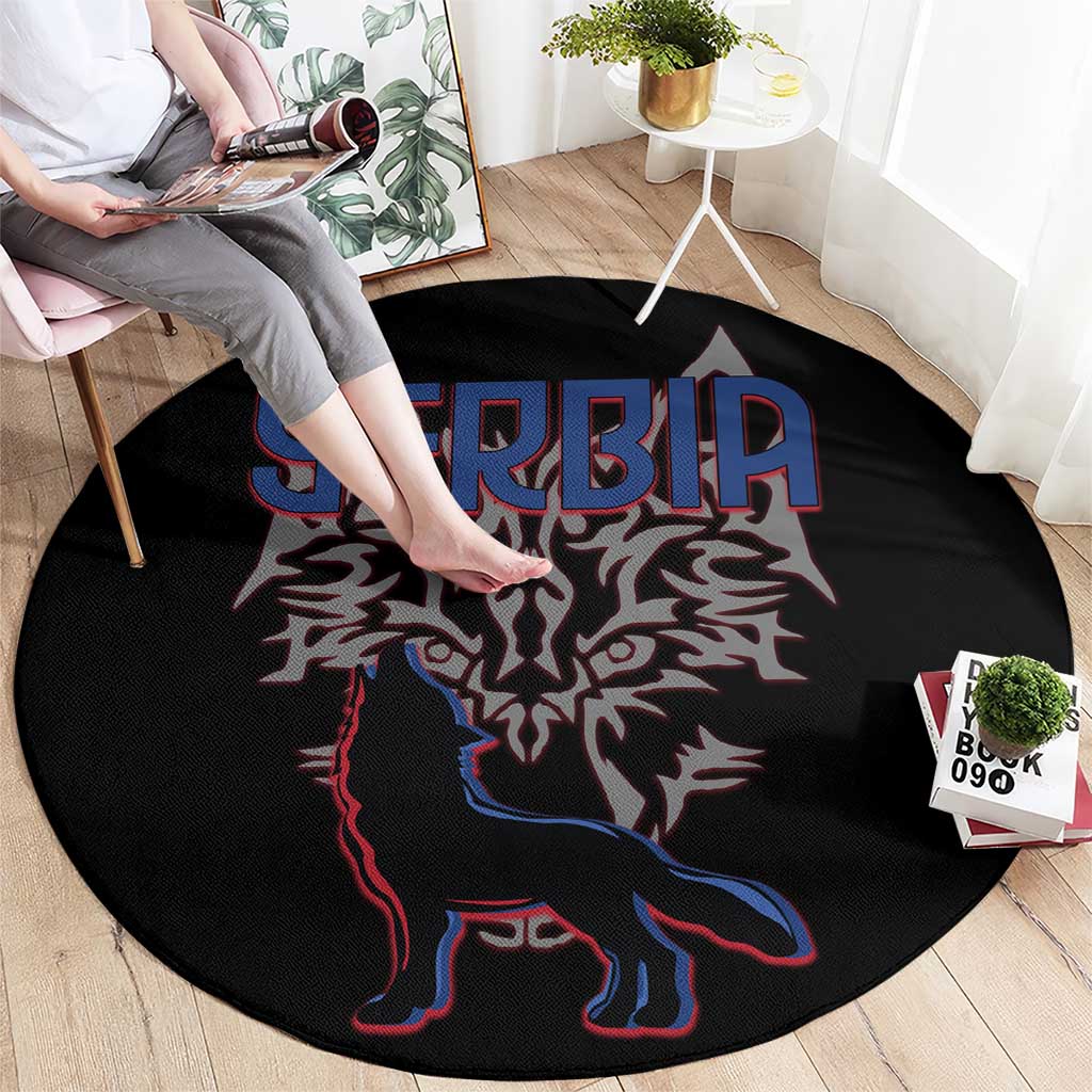 Serbia Round Carpet with Wolf Head Graphic, Howling Wolf, and National Flag Stripes