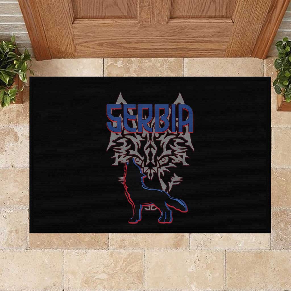 Serbia Rubber Doormat with Wolf Head Graphic, Howling Wolf, and National Flag Stripes
