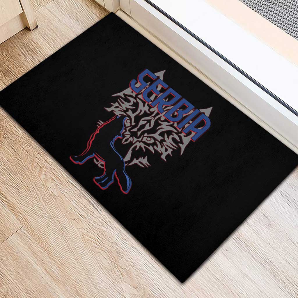 Serbia Rubber Doormat with Wolf Head Graphic, Howling Wolf, and National Flag Stripes