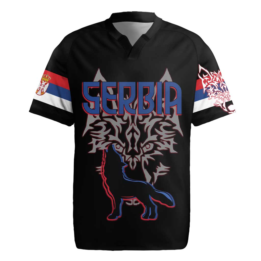 Serbia Rugby Jersey with Wolf Head Graphic, Howling Wolf, and National Flag Stripes