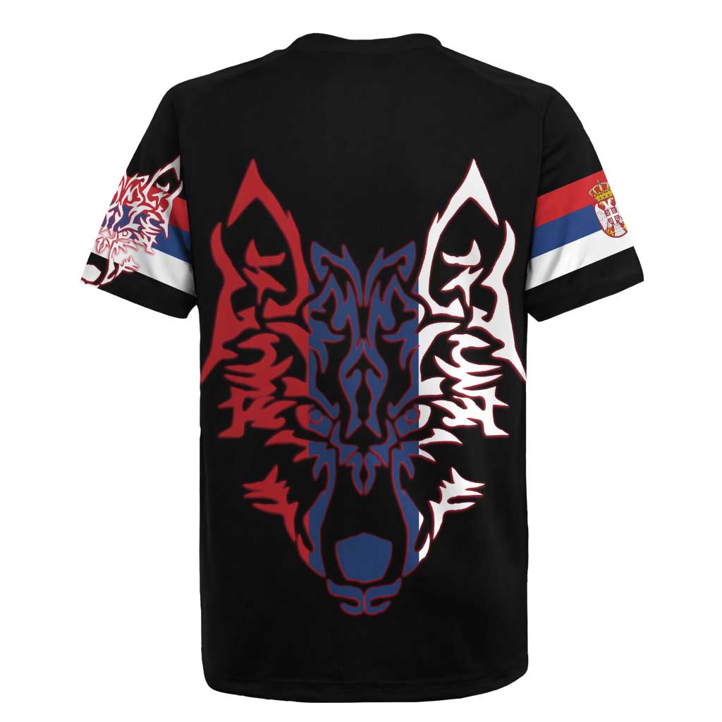 Serbia Rugby Jersey with Wolf Head Graphic, Howling Wolf, and National Flag Stripes