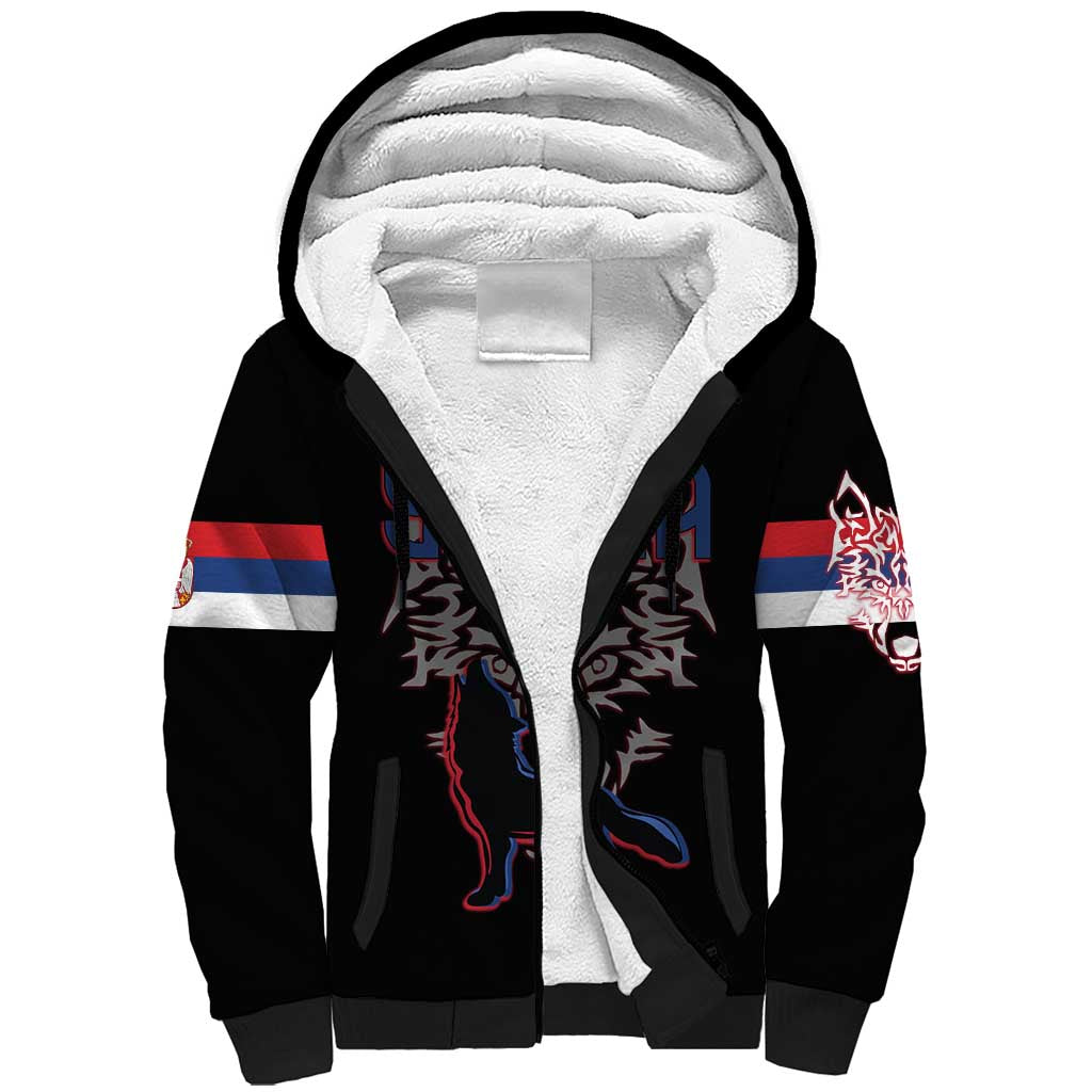 Serbia Sherpa Hoodie with Wolf Head Graphic, Howling Wolf, and National Flag Stripes