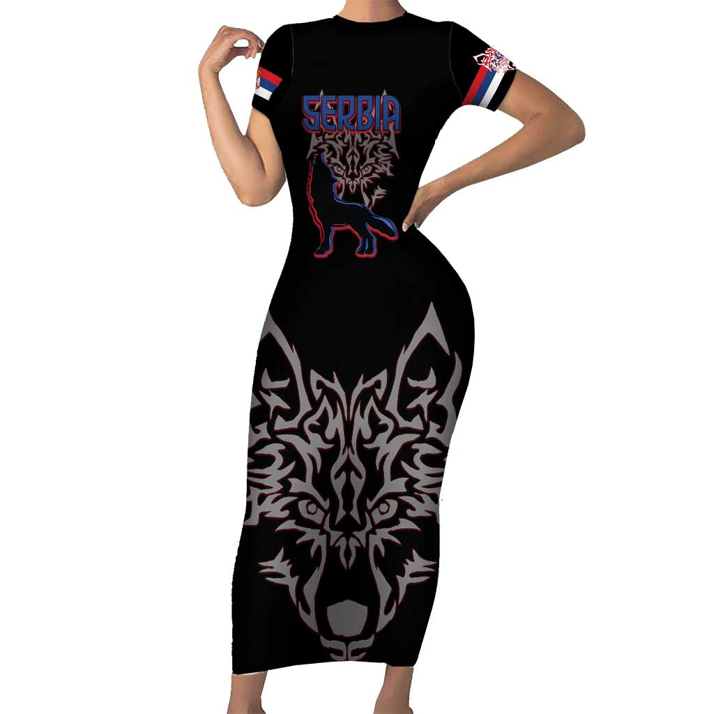 Serbia Short Sleeve Bodycon Dress with Wolf Head Graphic, Howling Wolf, and National Flag Stripes