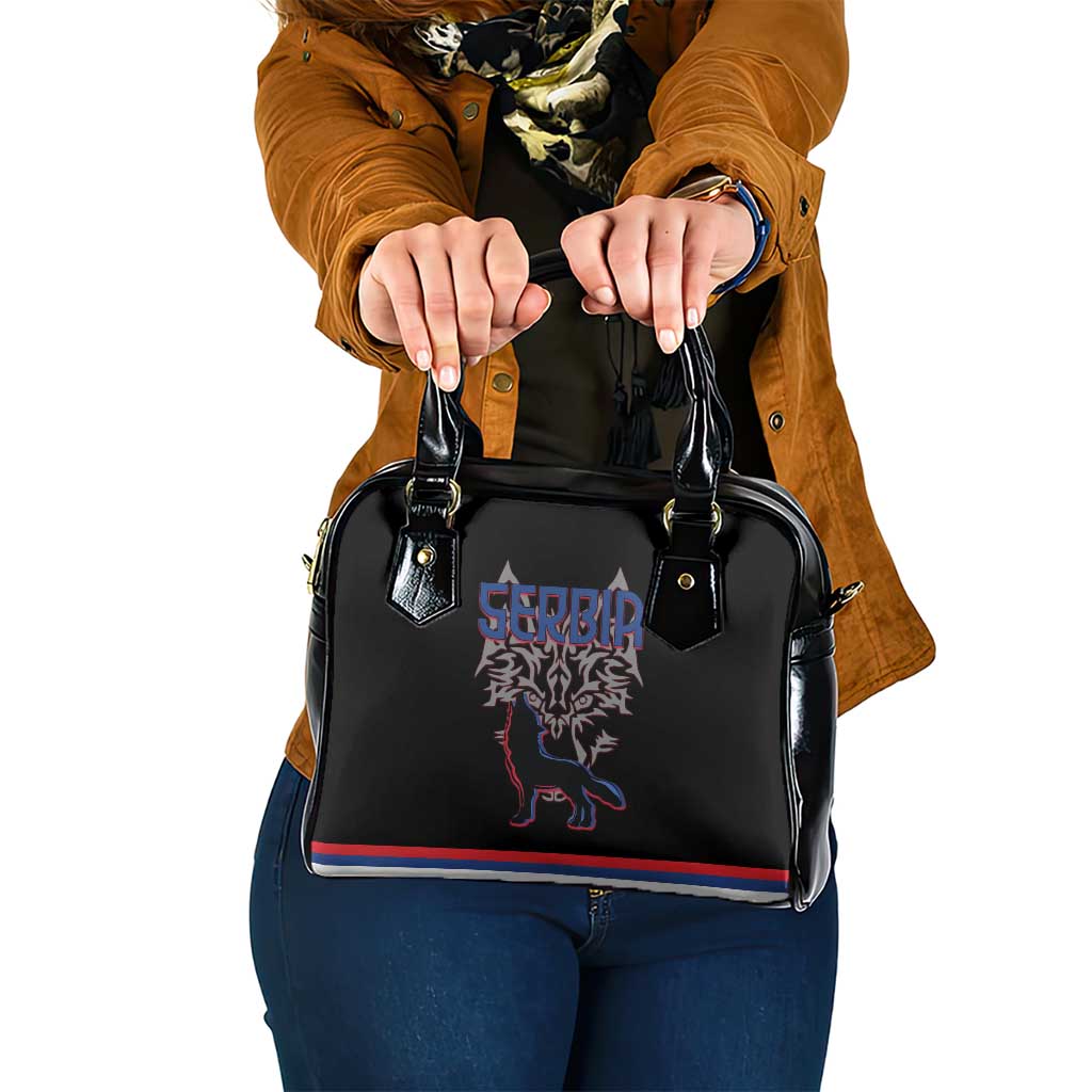 Serbia Shoulder Handbag with Wolf Head Graphic, Howling Wolf, and National Flag Stripes