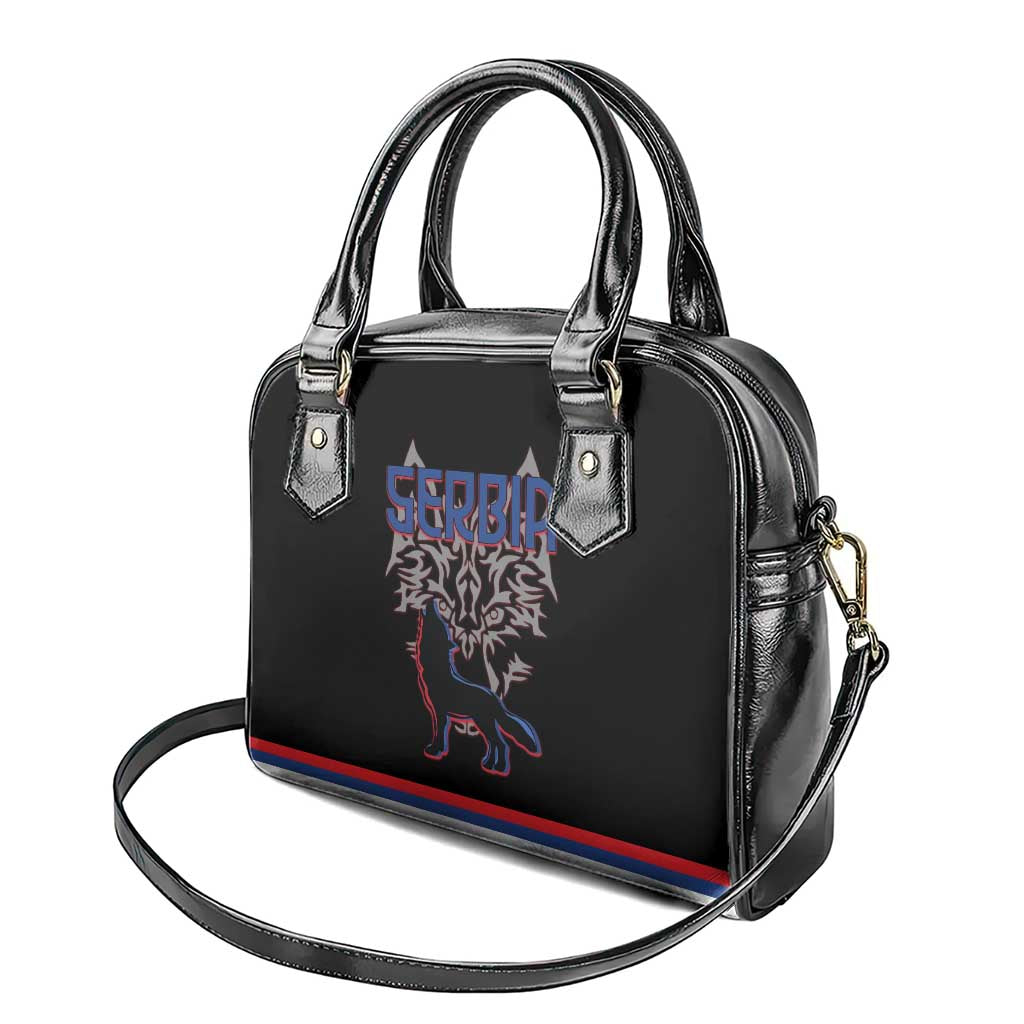 Serbia Shoulder Handbag with Wolf Head Graphic, Howling Wolf, and National Flag Stripes