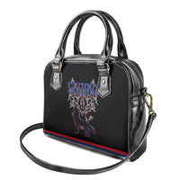 Serbia Shoulder Handbag with Wolf Head Graphic, Howling Wolf, and National Flag Stripes