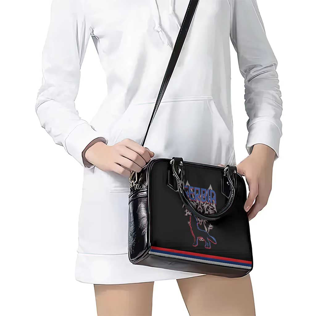 Serbia Shoulder Handbag with Wolf Head Graphic, Howling Wolf, and National Flag Stripes