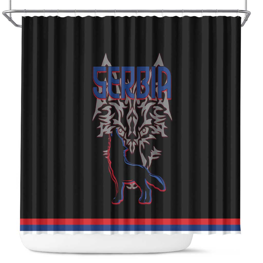 Serbia Shower Curtain with Wolf Head Graphic, Howling Wolf, and National Flag Stripes