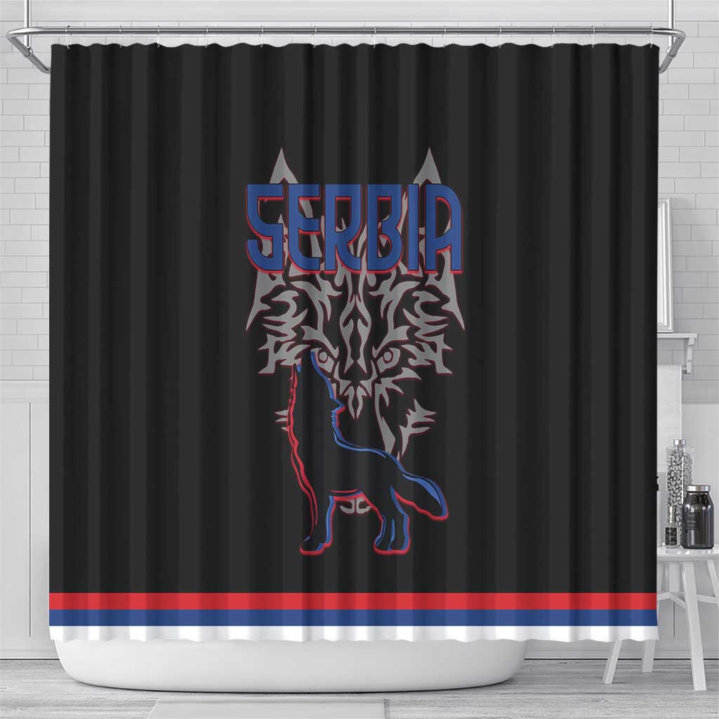 Serbia Shower Curtain with Wolf Head Graphic, Howling Wolf, and National Flag Stripes