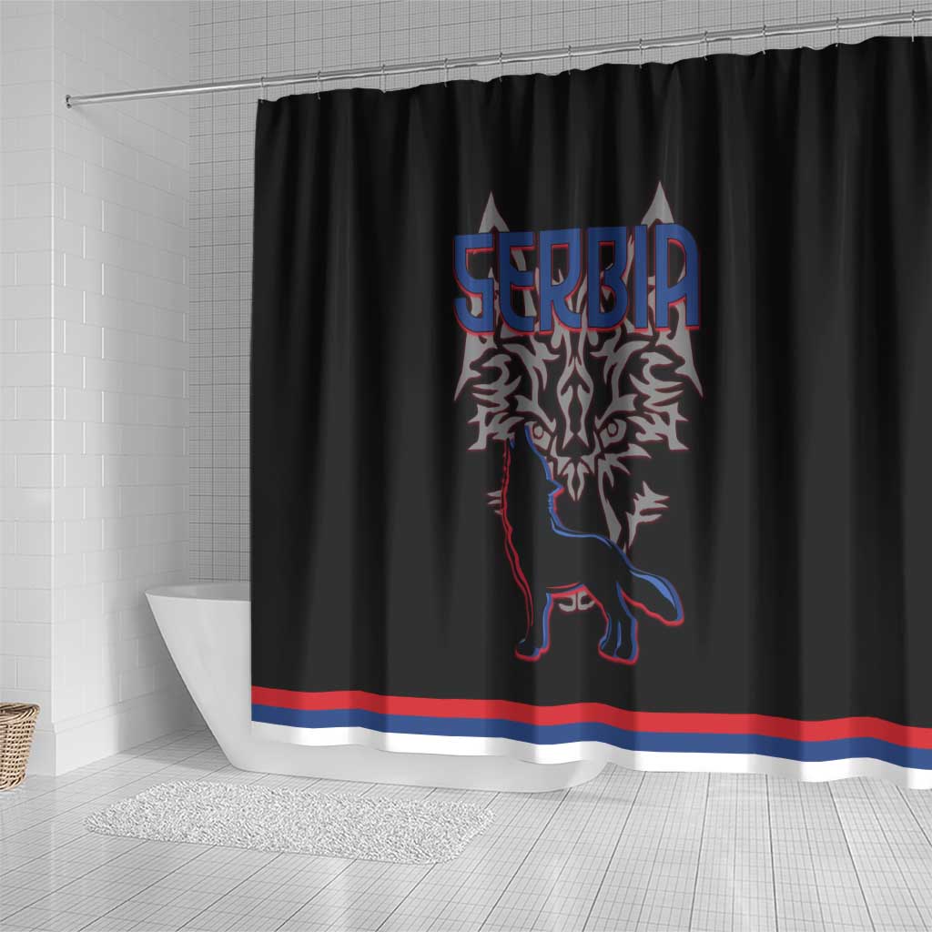 Serbia Shower Curtain with Wolf Head Graphic, Howling Wolf, and National Flag Stripes