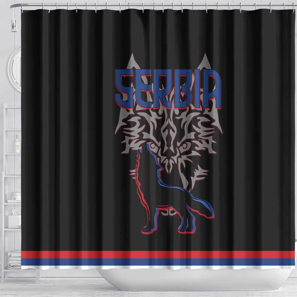 Serbia Shower Curtain with Wolf Head Graphic, Howling Wolf, and National Flag Stripes