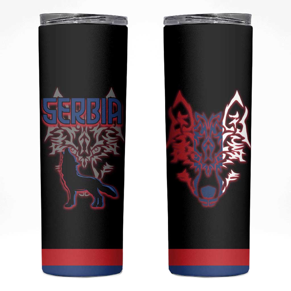Serbia Skinny Tumbler with Wolf Head Graphic, Howling Wolf, and National Flag Stripes